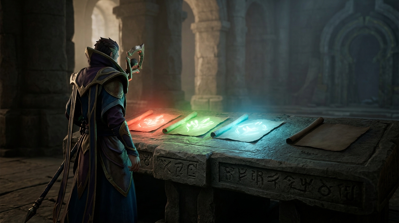 Three glowing rune pages and one dark blank page