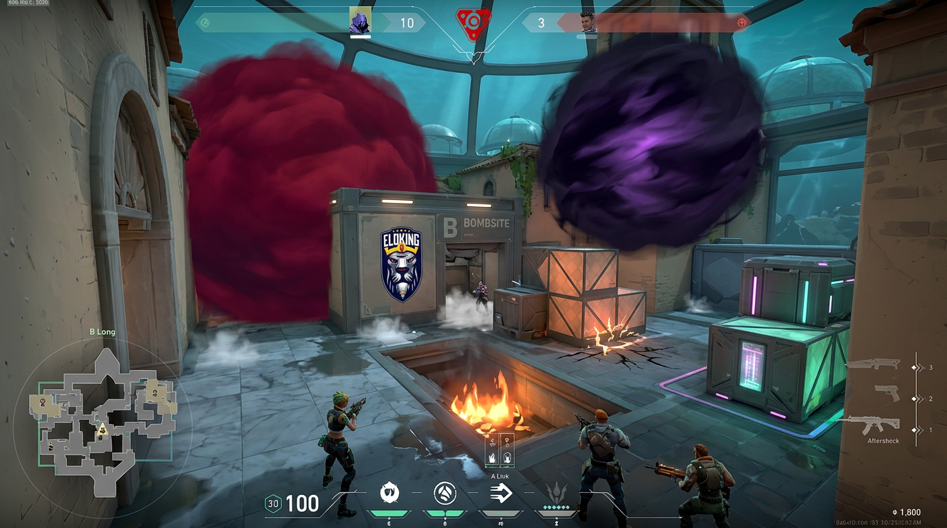 Pearl B site with smokes covering B Hall and B Tower