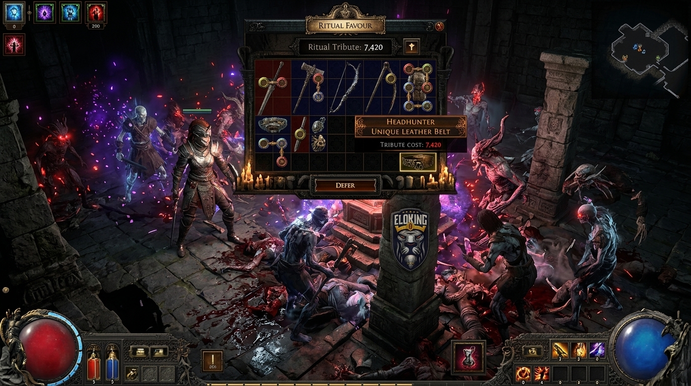 Path of Exile 2 Ritual altar with Tribute UI and a Headhunter favour
