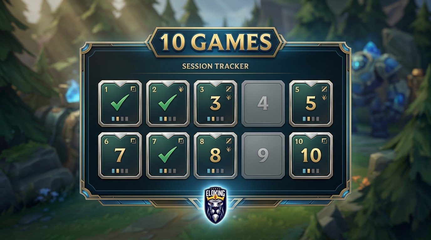 Superposici&oacute;n de seguimiento de sesi&oacute;n de 10 partidas estilo cliente de League of Legends con algunas casillas marcadas