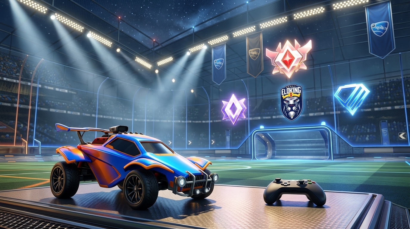 Rocket League car ready to queue ranked with rank emblems behind it