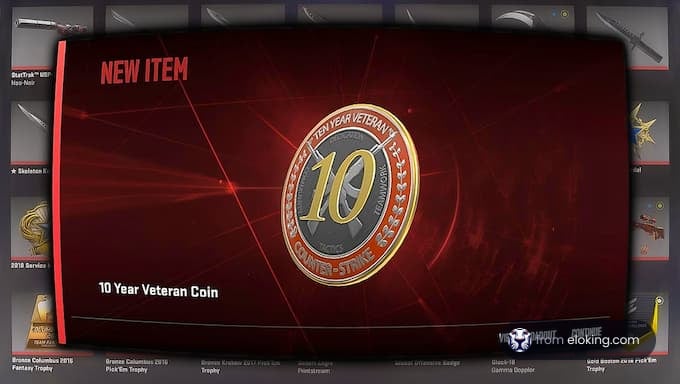 A digital screen showcasing the 10 Year Veteran Coin in Counter-Strike: Global Offensive