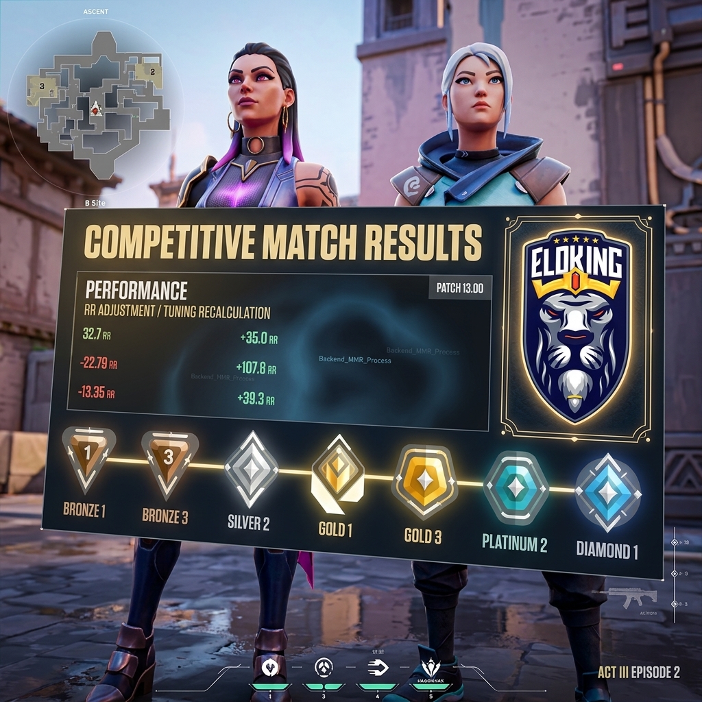 VALORANT patch 13.00 rank UI with RR gains and rank emblems