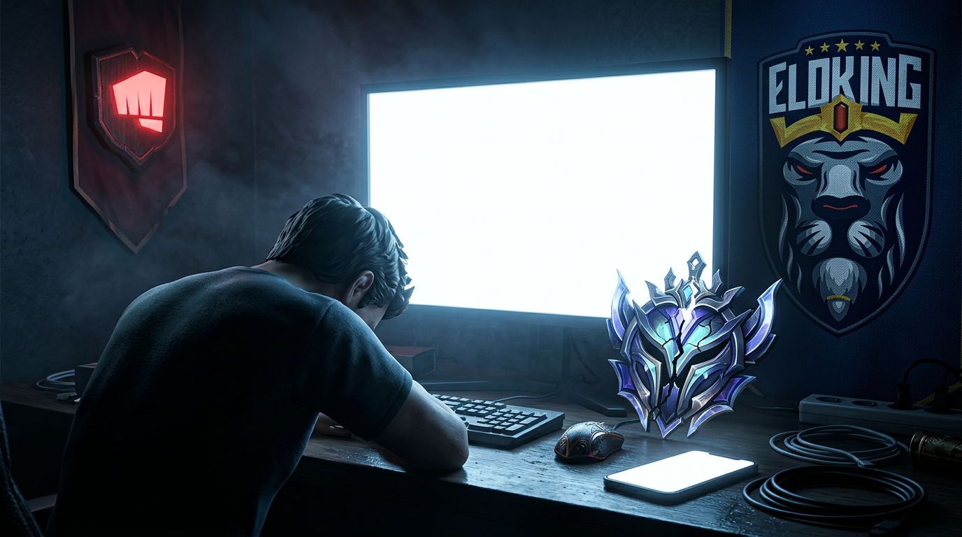 A player at a desk staring at a blocked ranked access glow behind a cracked crest