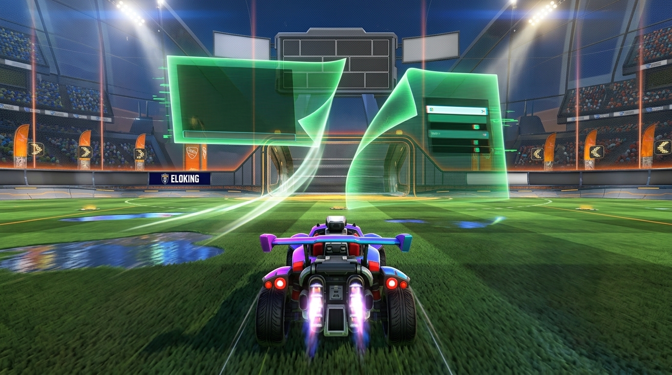 Auto di Rocket League con strati di overlay che si staccano in uno stadio