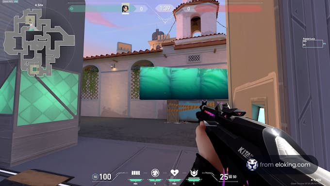 First-person shooter game with heads-up display showing health and ammo