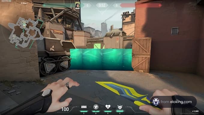 First-person view of a shooter game with tactical display and energy barrier