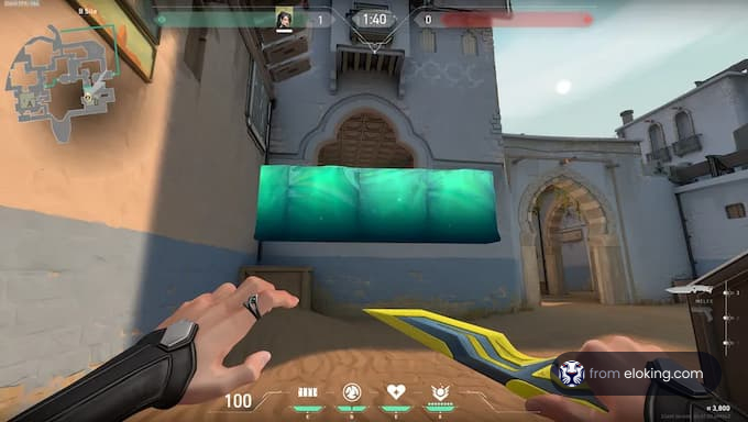 Player navigating through an archway in a first-person shooter game