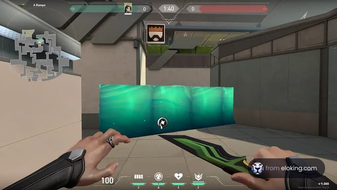 Player holding a knife with a magical shield in a first-person shooter game