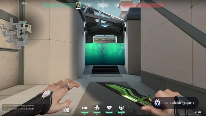 Player's perspective in first-person shooter game showing a corridor with green barrier