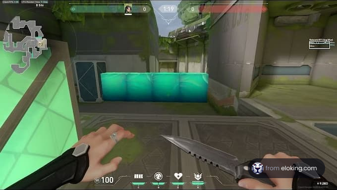 First-person view in a shooter game with a knife and skill icons displayed
