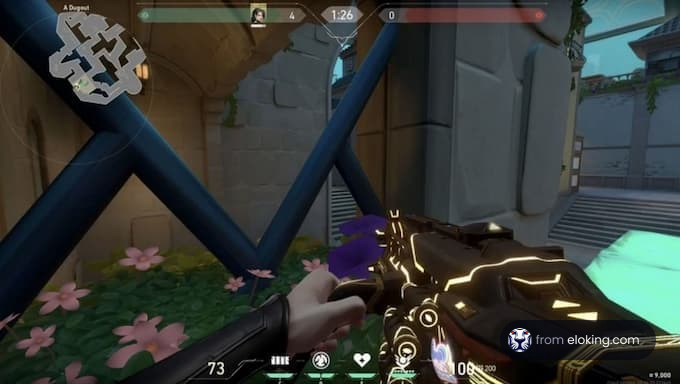 First-person view of a player holding a futuristic weapon in a digital game environment