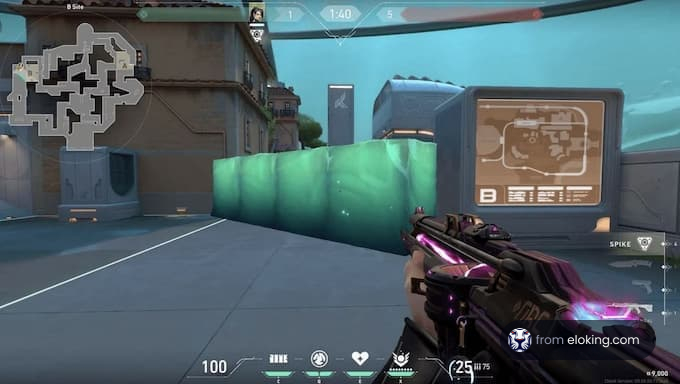 First-person view of a player navigating through a digital battlefield with a futuristic weapon