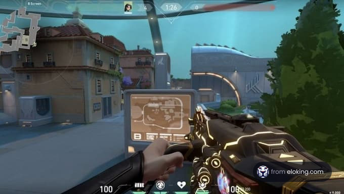 First person view in a shooter game with futuristic weapon and tactical display