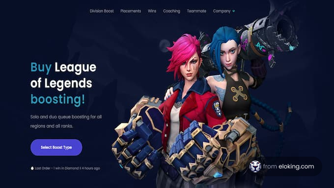 Advertisement for League of Legends boosting services featuring two animated characters