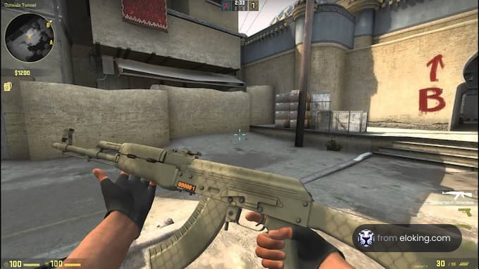 First person perspective of a player holding a rifle in a shooter game