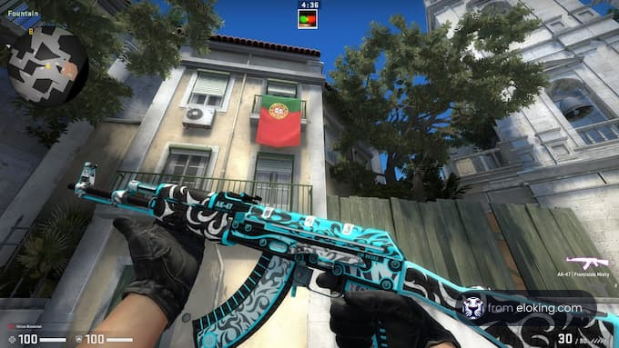 Player holding a decorative gun in a first-person shooter game with a Portuguese flag in the background