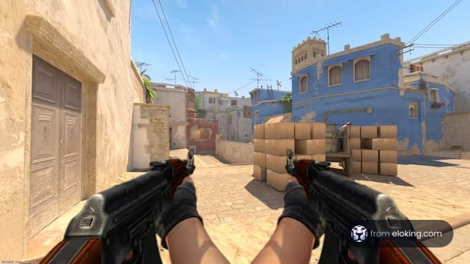 First-person shooter game perspective in a middle-eastern styled village
