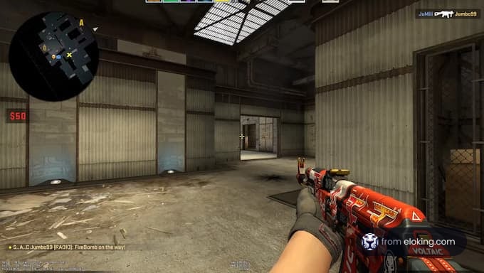 First person view of a shooter game with a focus on a decorated gun