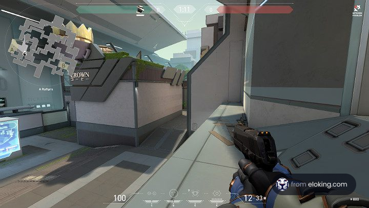 Player holding a pistol in a first-person shooter game with futuristic urban map layout