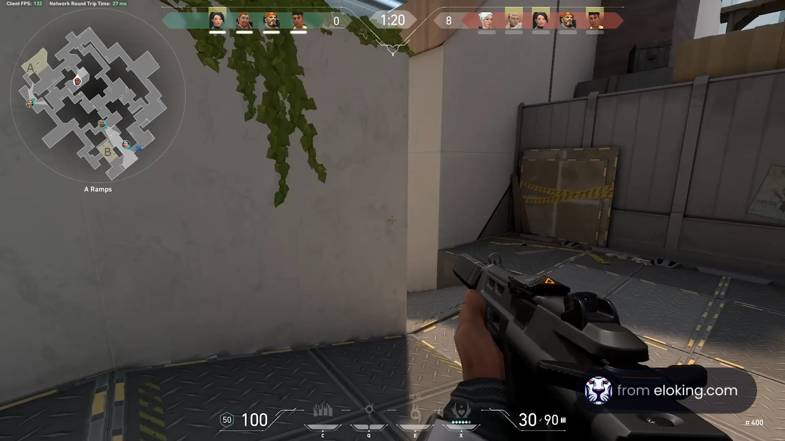 First-person view of a player holding a rifle in a competitive shooter game