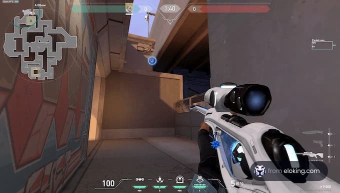 First person view of a player aiming with a sniper rifle in a video game