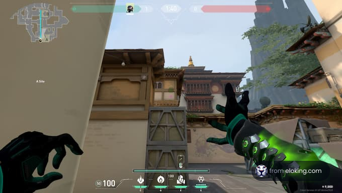 Player's perspective in a first-person shooter game with green holographic hands aiming in a detailed game environment