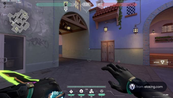 Player's perspective in a first-person shooter game showing hands holding a weapon
