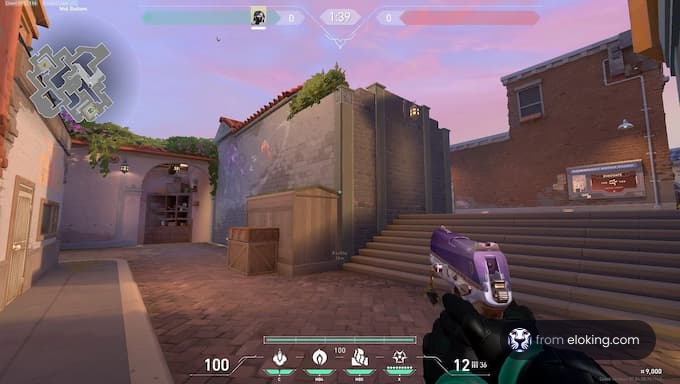First-person view in a shooter game showing a map and equipped pistol