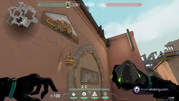First-person view in a shooter game showing user interface and architectural details