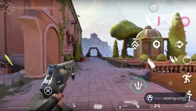 First-person view in a shooter game with a handgun and HUD elements