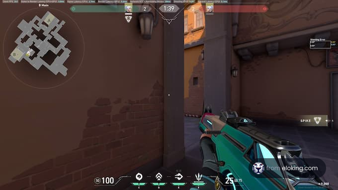 First person view of a shooter game with a focus on gameplay interface