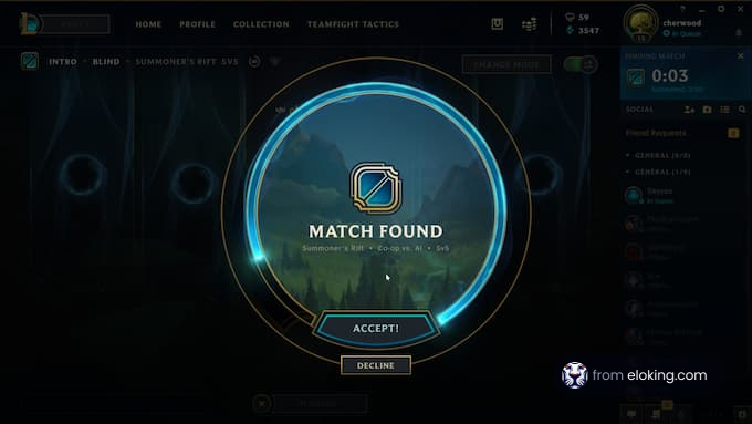 Online game interface showing a match found screen with accept and decline options