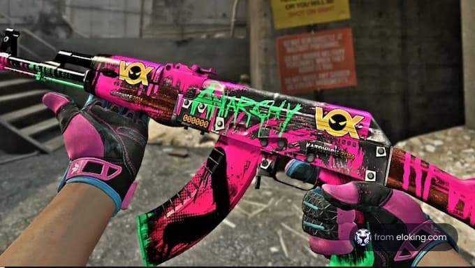 A hand holding a neon pink and green assault rifle in a video game