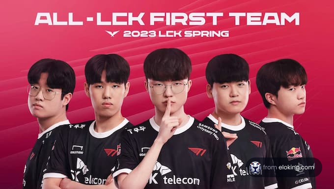 2023 LCK Spring First Team posing against a red background