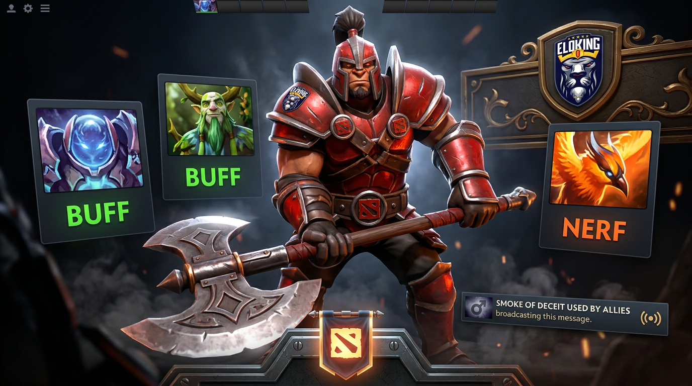 Axe beside patch note cards for buffs, nerfs, and smoke chat