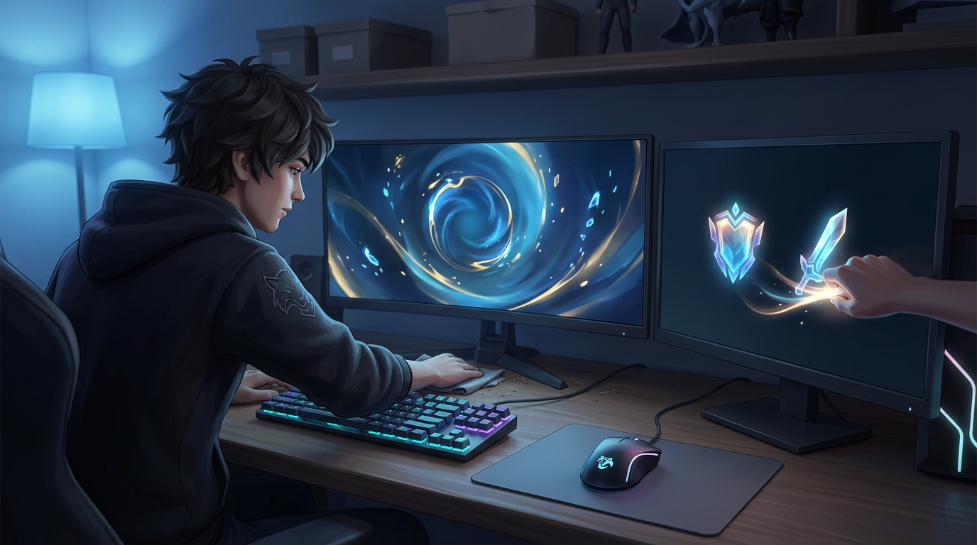 A player calmly reviewing build and rune choices after a match