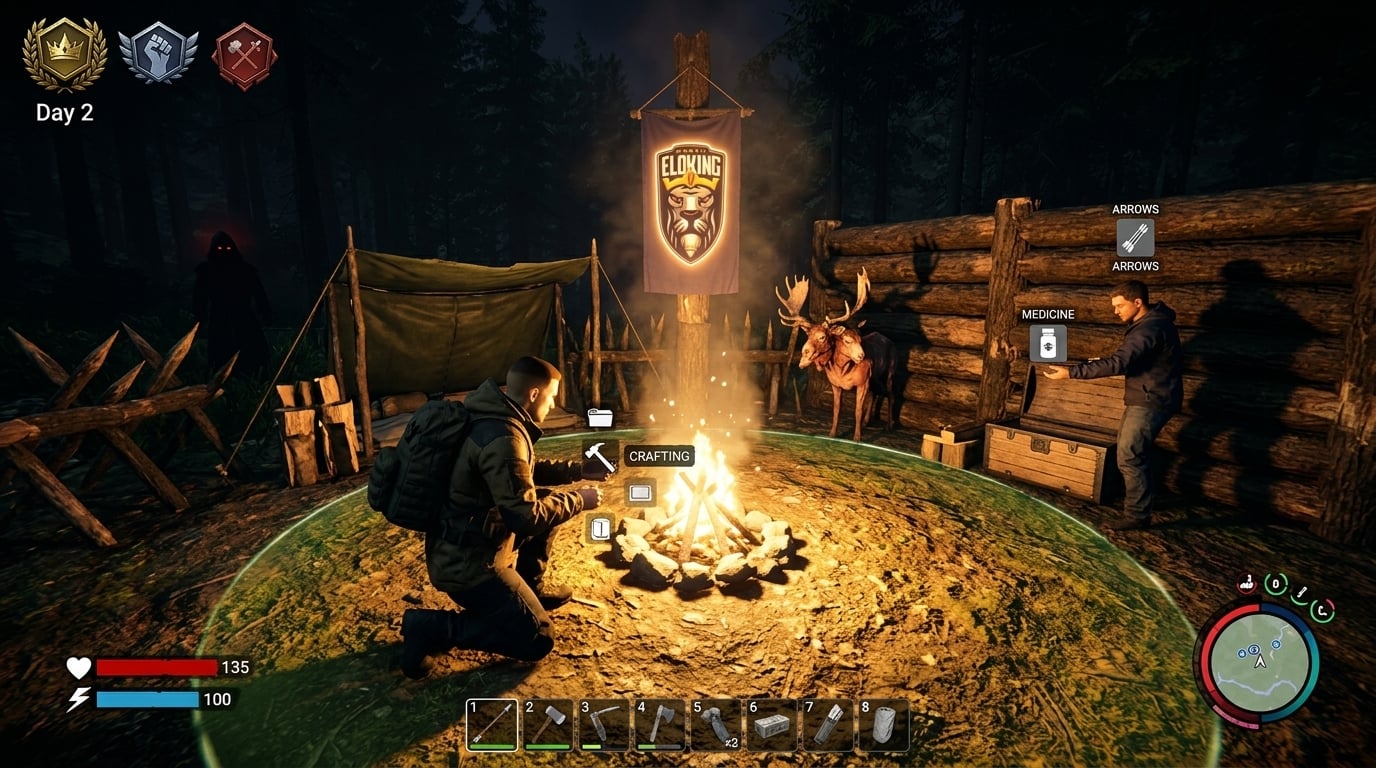 Protected camp at night with a deer threat at the edge and a trader nearby