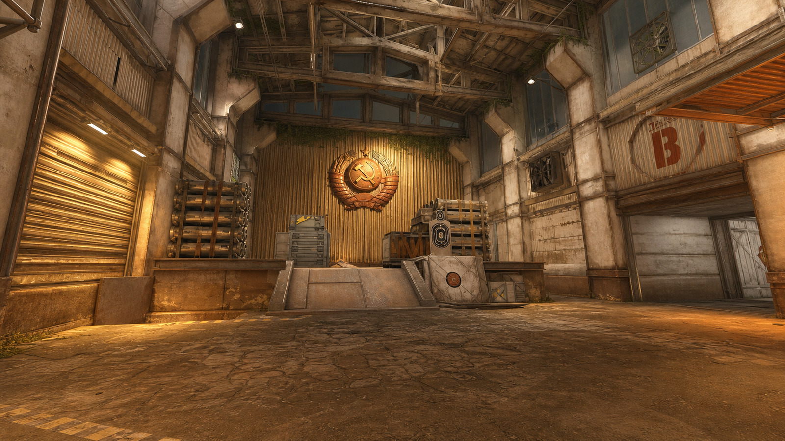 CS2 Cache B site interior with raised platform and industrial shutters
