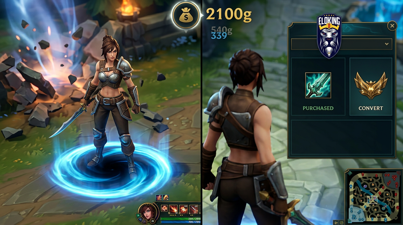 Pantalla de recall y tienda de LoL dividida con un emblema de Oro, enfatizando la conversi&oacute;n de una ventaja