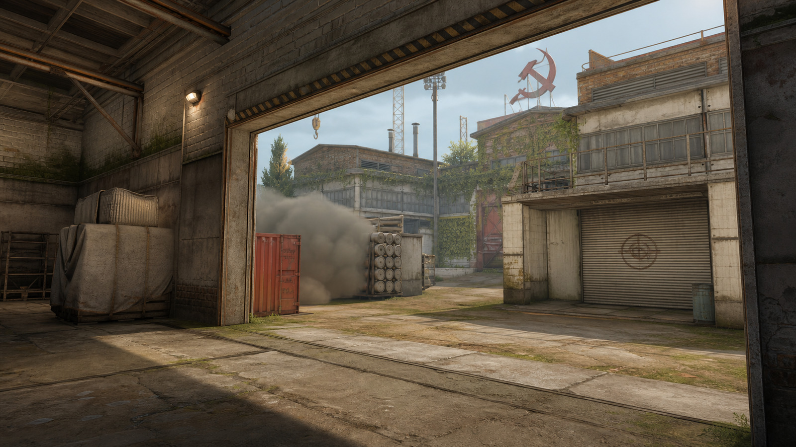 CS2 Cache mid control lane with industrial garage sightline and smoke