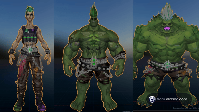 Three-dimensional character design of a Hulk-inspired hero with green skin and punk attire.