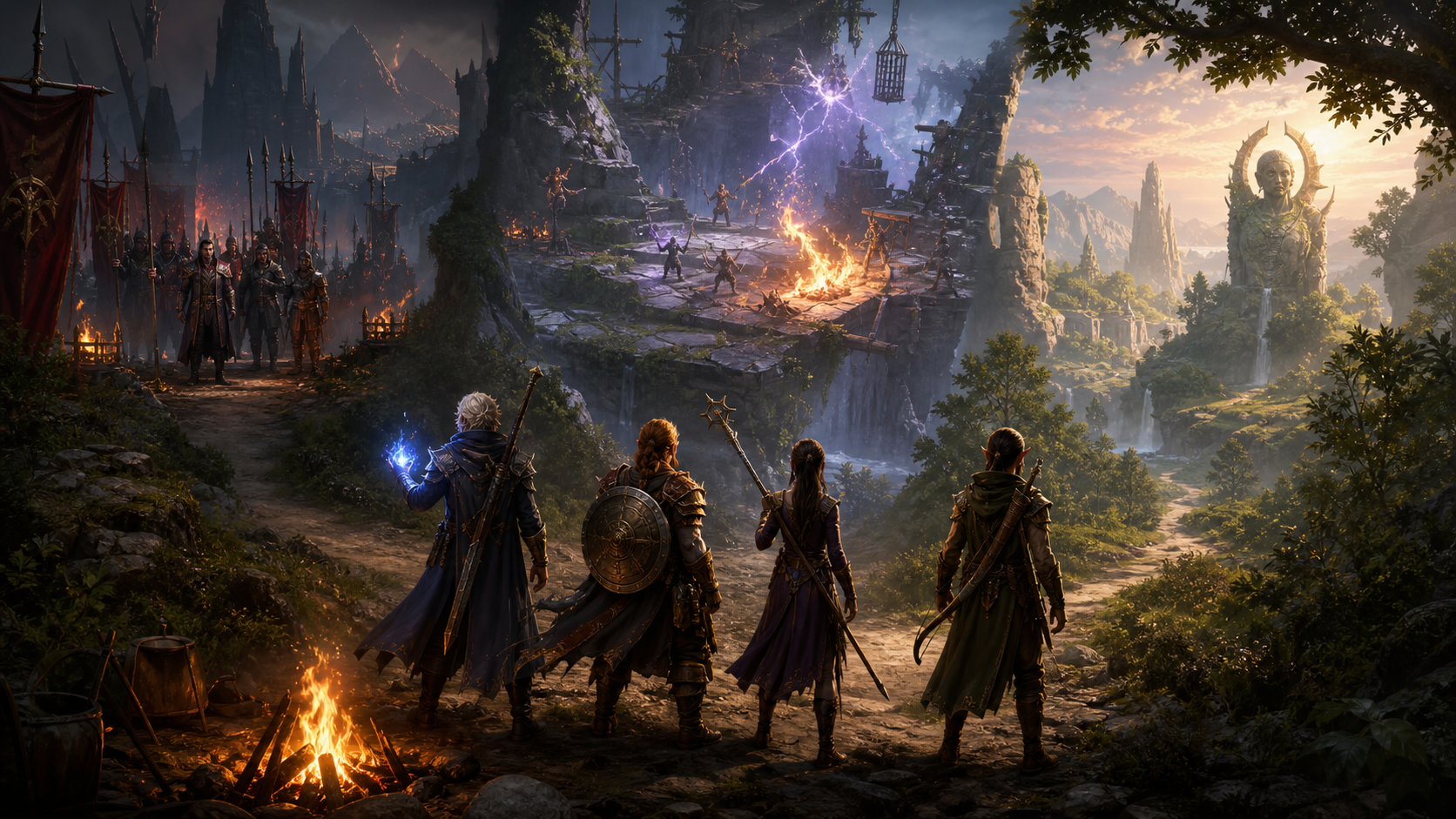 Original fantasy party choosing between tactical combat, dialogue, and exploration paths