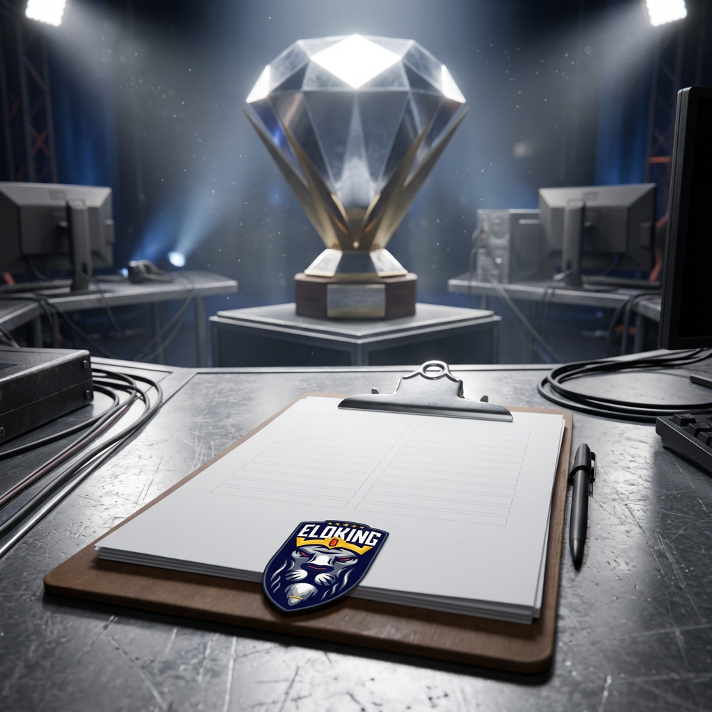 Blank roster sheet and clipboard beside a CS2 Major trophy