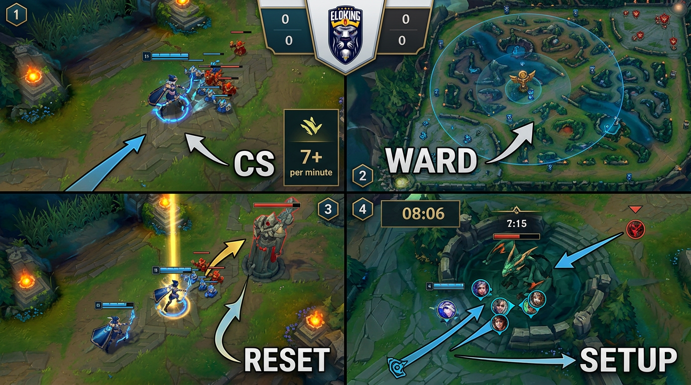 League of Legends taktisches Diagramm von CS, Ward, Reset und Zielsetup