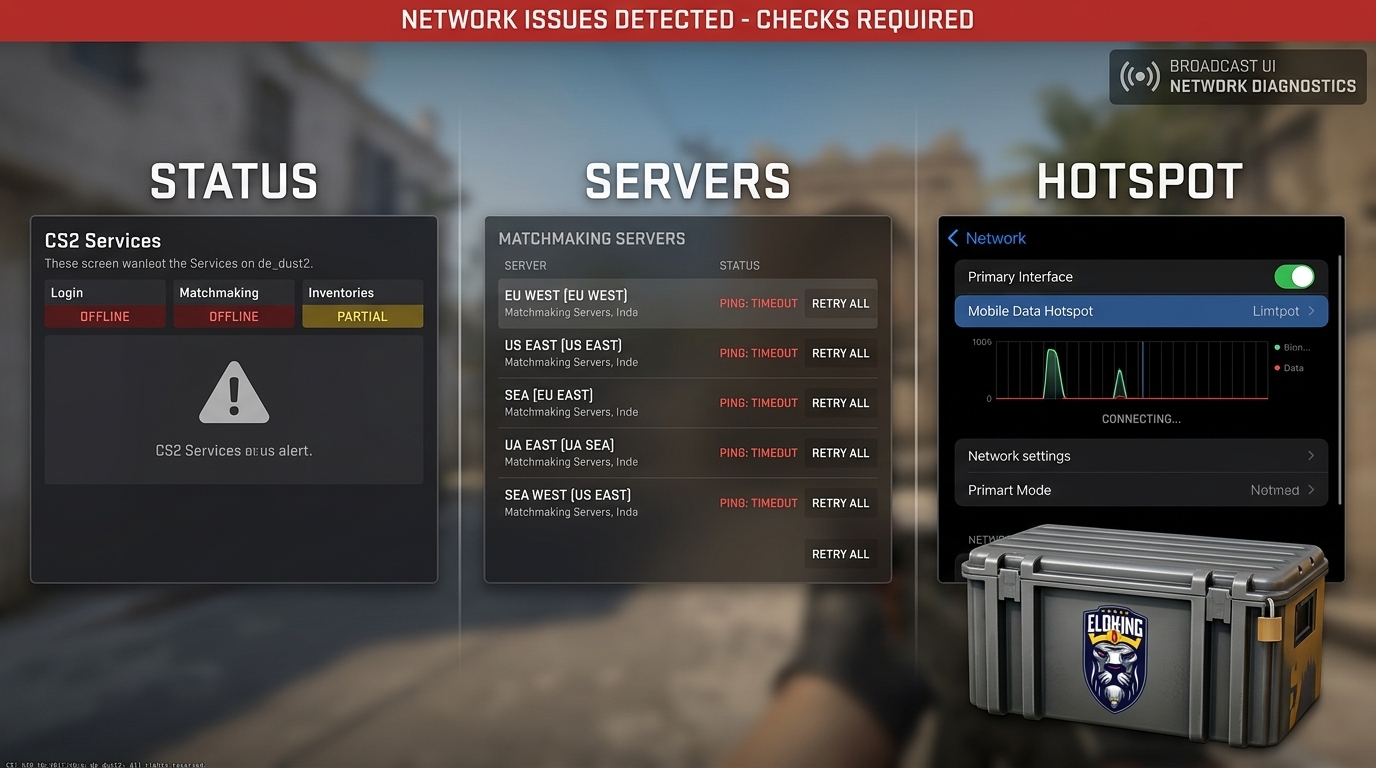CS2 error screen with service status, server check, and hotspot test