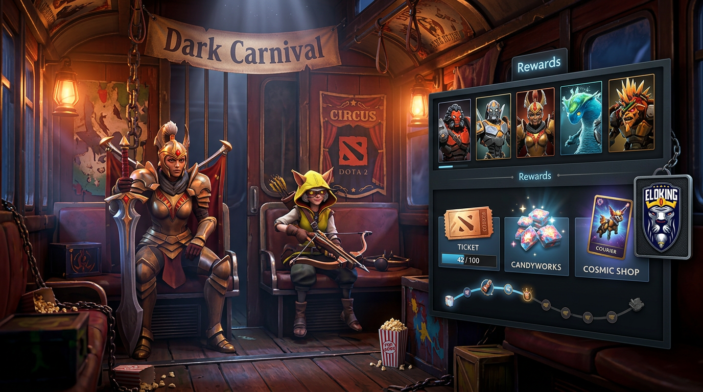 Dark Carnival event screen with campaign heroes, rewards, and robot personas