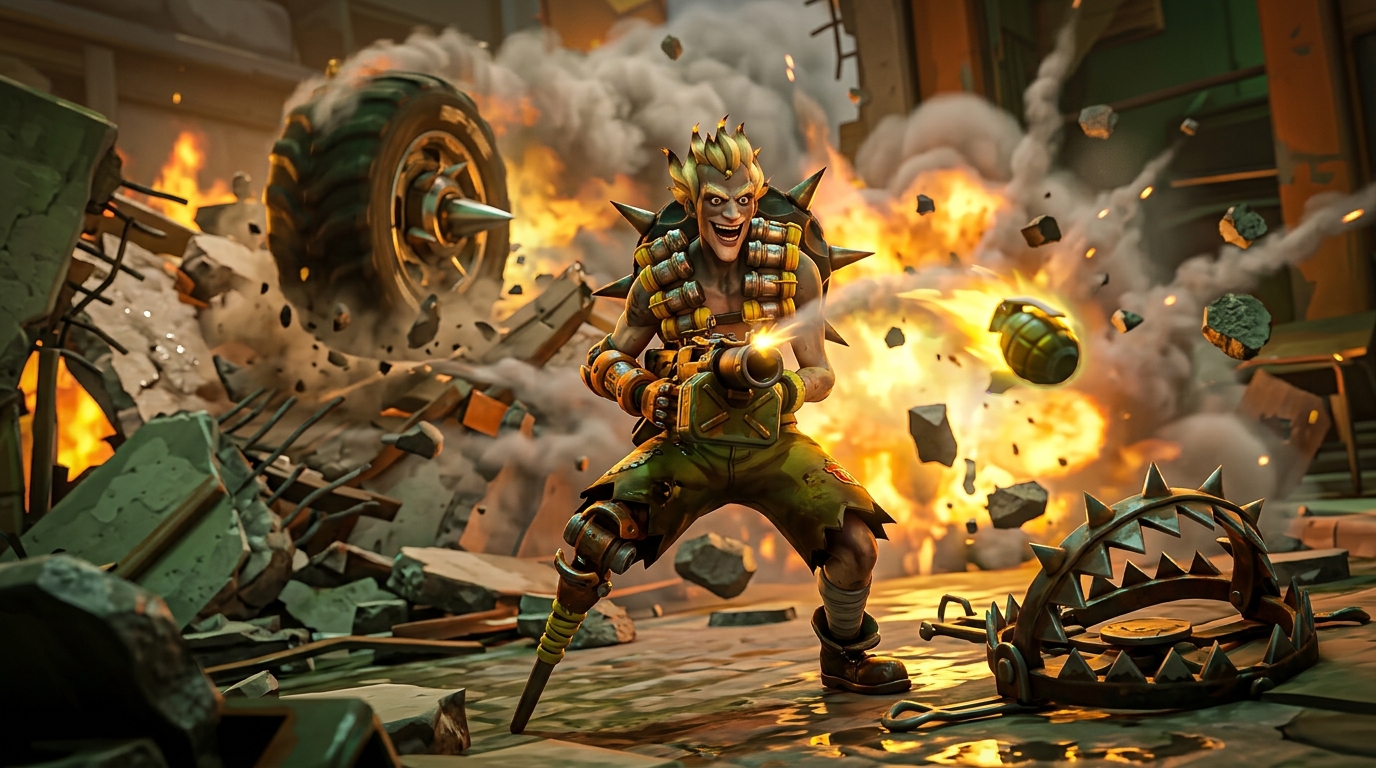 Junkrat launching a grenade beside his RIP-Tire in Overwatch 2