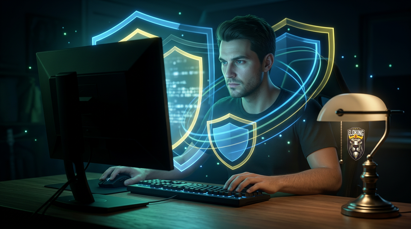CS2-Spieler an einem Schreibtisch mit geschichteten Anti-Cheat-Schild-Images