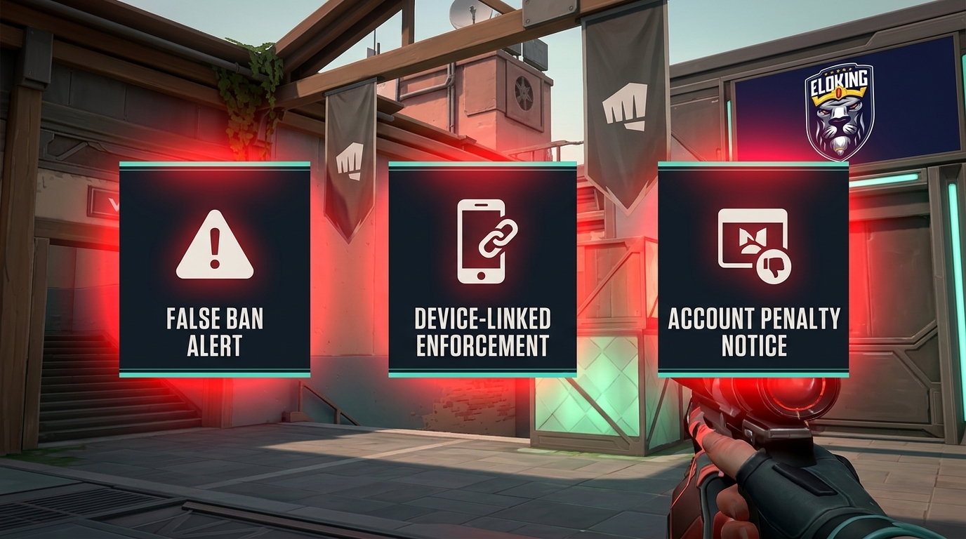 VALORANT ban screen showing false ban, device-linked, and account penalty notices